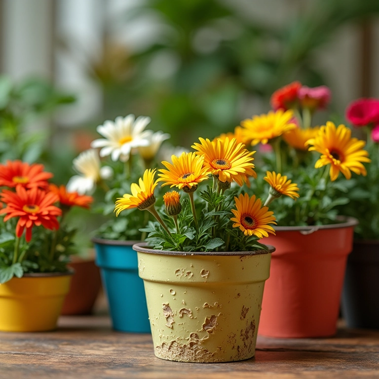 Potes de sorvete transformados em cachepots coloridos com flores vibrantes em casa brasileira.