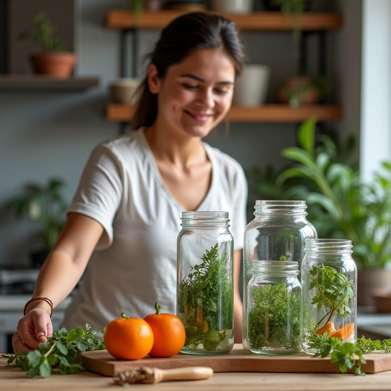 Potes de vidro reutilizados na decoração da cozinha.