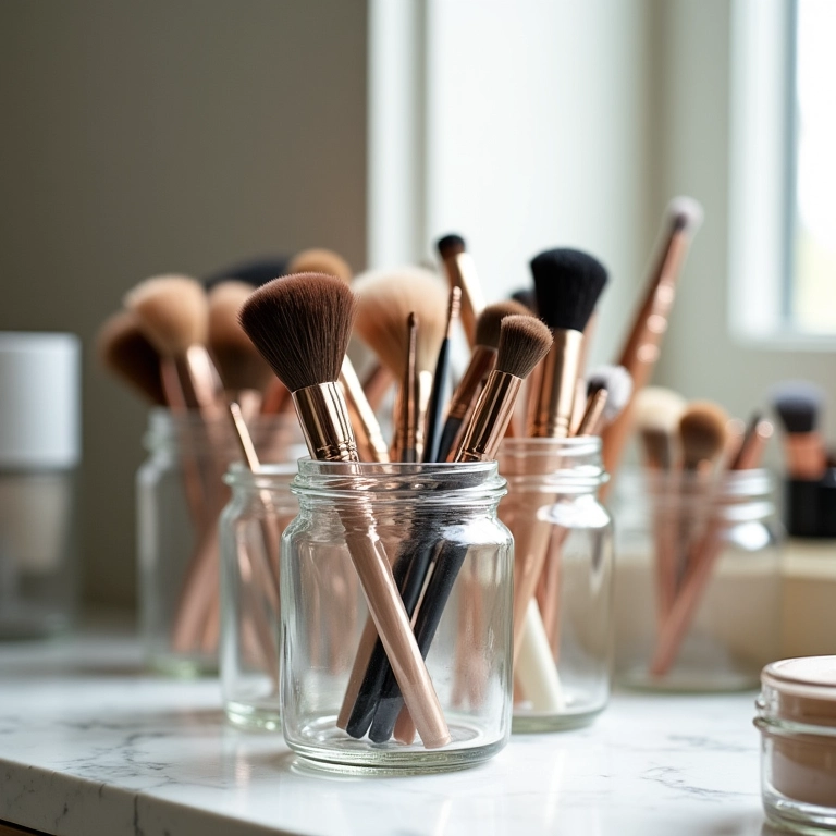 Potes de vidro transparentes organizando pincéis e lápis de maquiagem.
