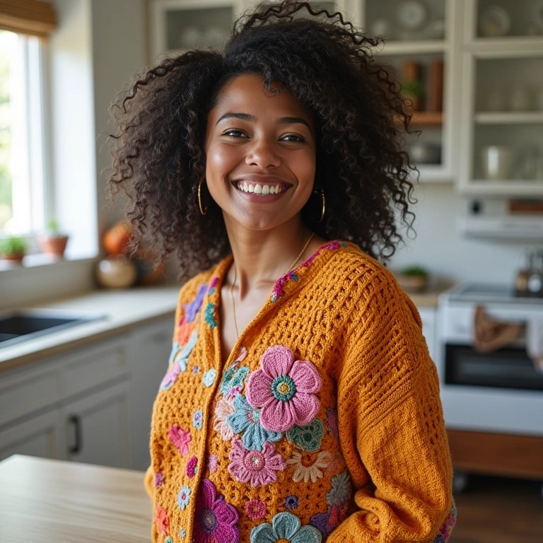 Potes e capas de crochê protegendo eletrodomésticos na cozinha.
