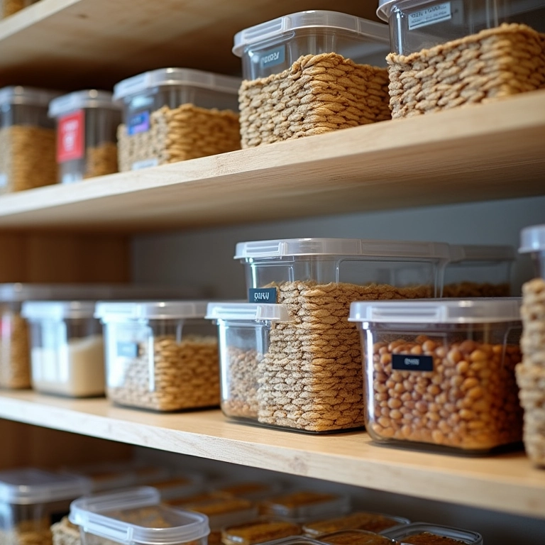 Potes e cestas organizadoras de diferentes tamanhos em despensa com etiquetas coloridas.
