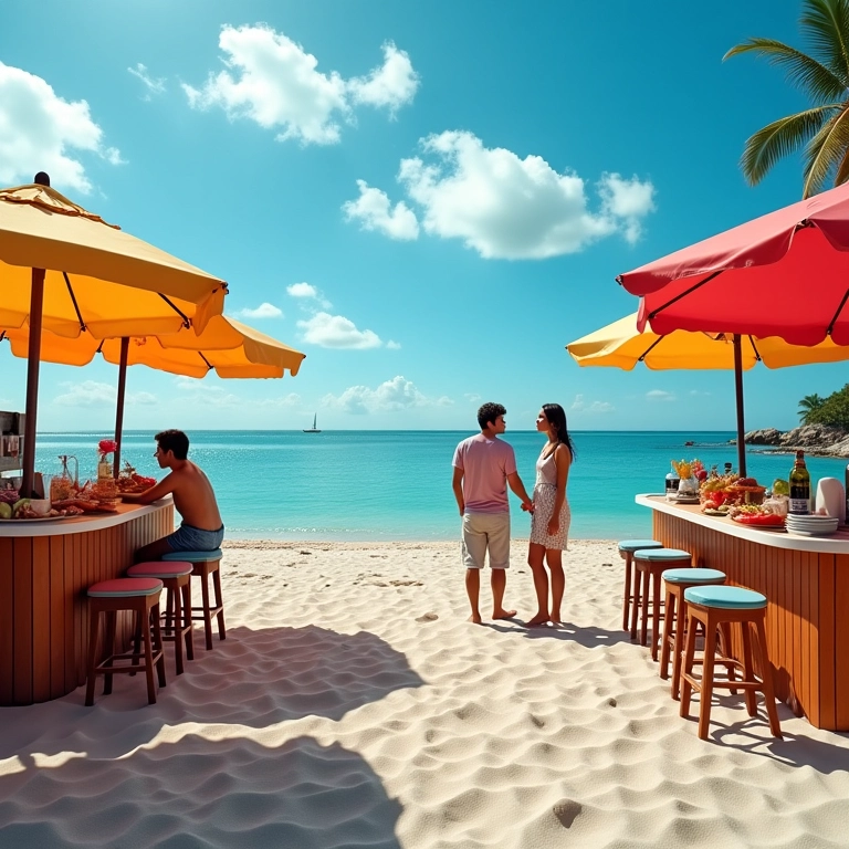 Praia da Aruana: guarda-sóis coloridos, quiosques de comida regional e um casal.