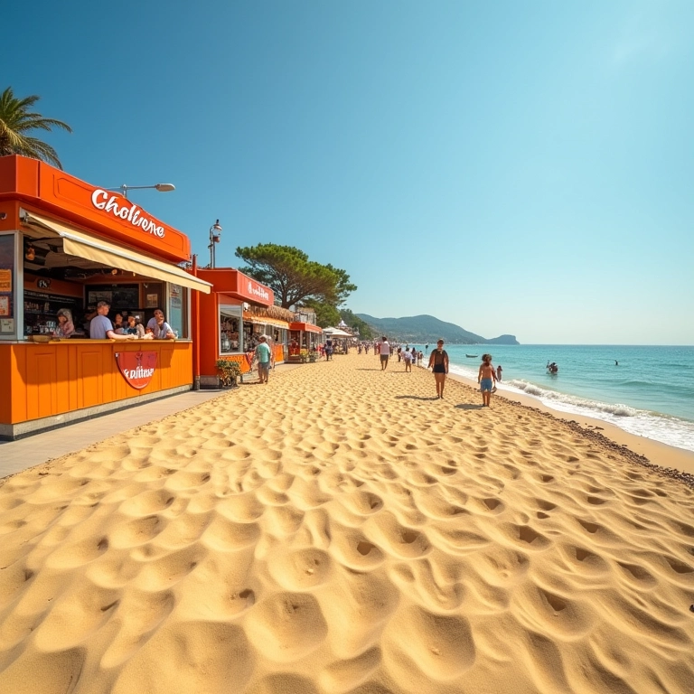 Praia de Atalaia: quiosques coloridos e pessoas aproveitando o sol.