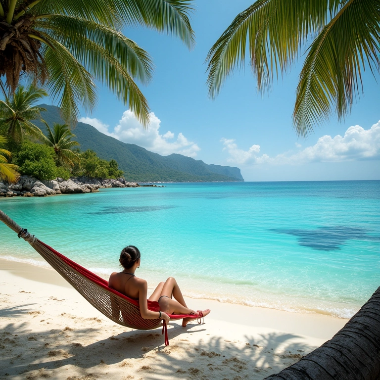 Praia do Refúgio: águas turquesa, coqueiros e uma mulher relaxando.