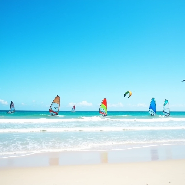 Praia do Robalo: windsurfistas e kitesurfistas aproveitando as ondas.