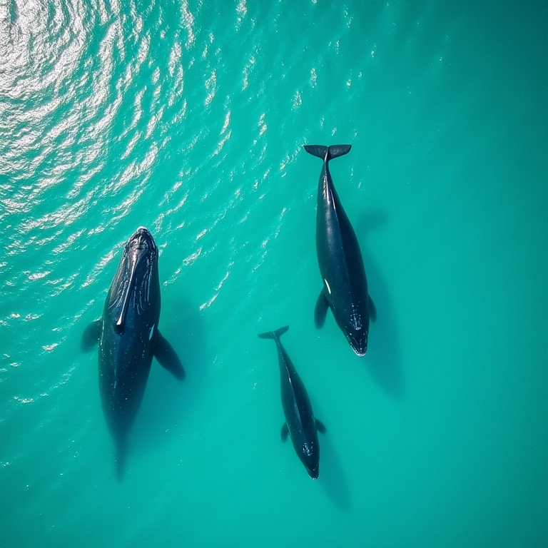Praia do Rosa, Santa Catarina, com baleias nadando perto da costa.