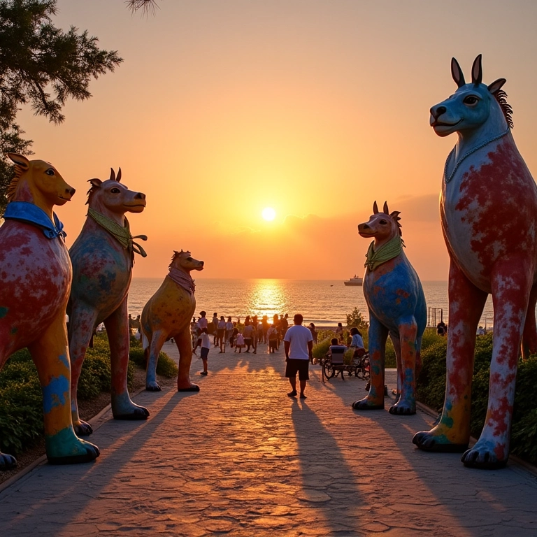 Praia dos Artistas: esculturas coloridas, arte de rua e artistas locais.