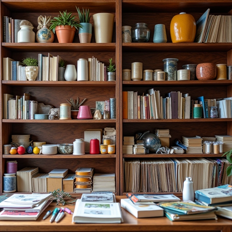 Prateleira de loja de arte com materiais de encadernação.