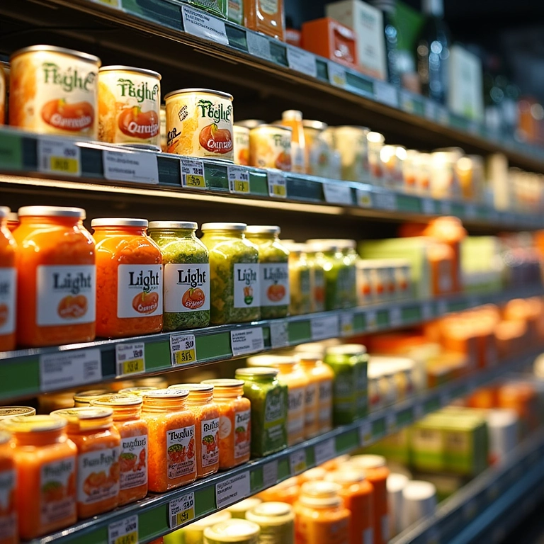 Prateleira de supermercado com produtos 'light' e 'diet', alguns com ingredientes escondidos.