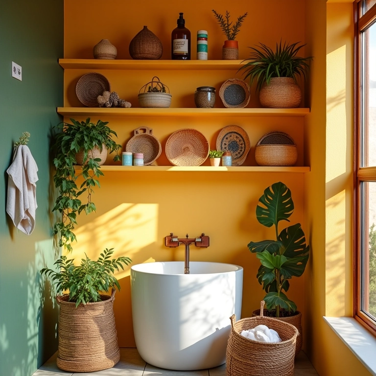 Prateleiras abertas com cestos, cosméticos coloridos e toalhas de mão em banheiro alegre.