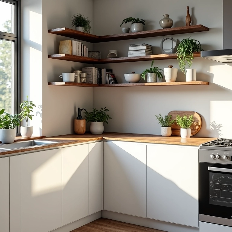 Prateleiras abertas com itens decorativos e plantas em cozinha de canto.