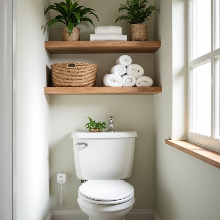 Prateleiras acima do vaso sanitário em banheiro pequeno com cestos e toalhas.