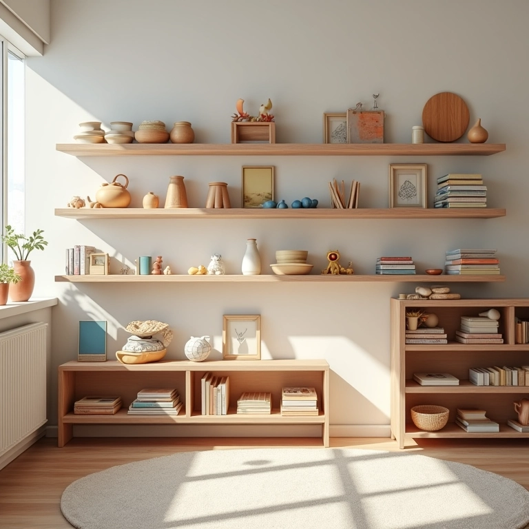 Prateleiras baixas com brinquedos e livros em quarto montessoriano.