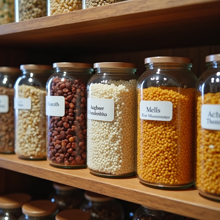 Prateleiras com potes transparentes para alimentos secos.