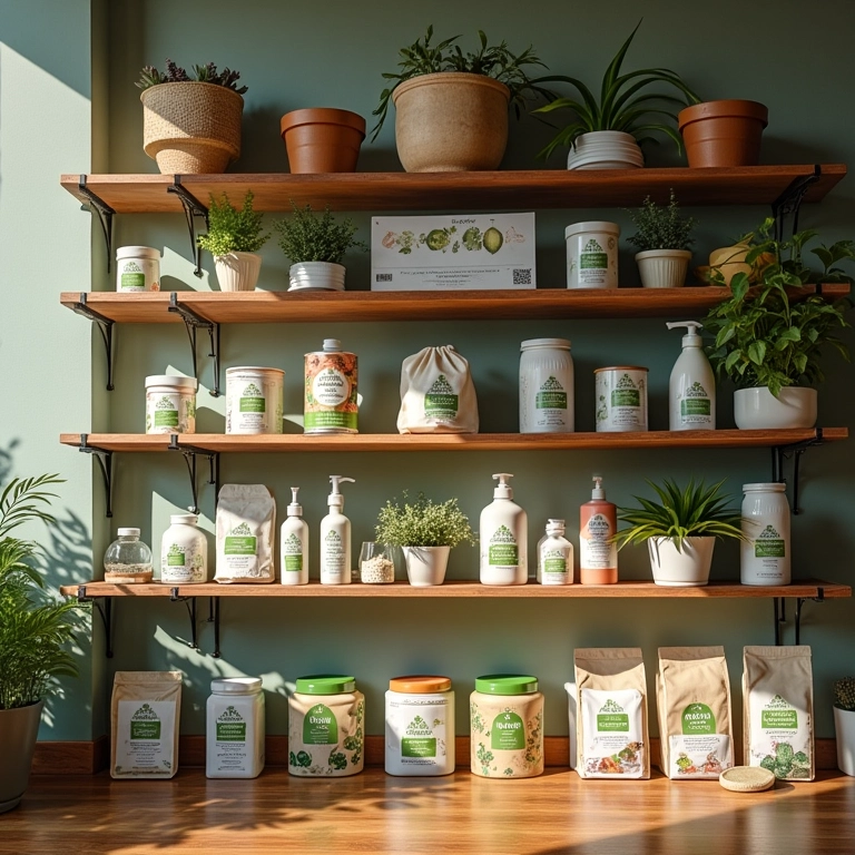 Prateleiras com produtos de marcas sustentáveis.