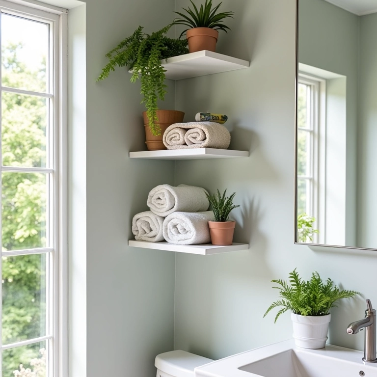 Prateleiras de canto aproveitando o espaço em banheiro pequeno com plantas e toalhas.
