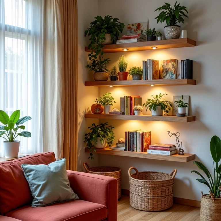 Prateleiras de canto aproveitando o espaço em sala de estar pequena com livros e plantas.