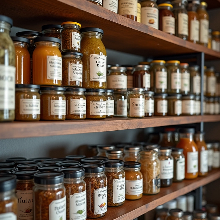 Prateleiras de despensa com etiquetas claras e consistentes em potes e recipientes.