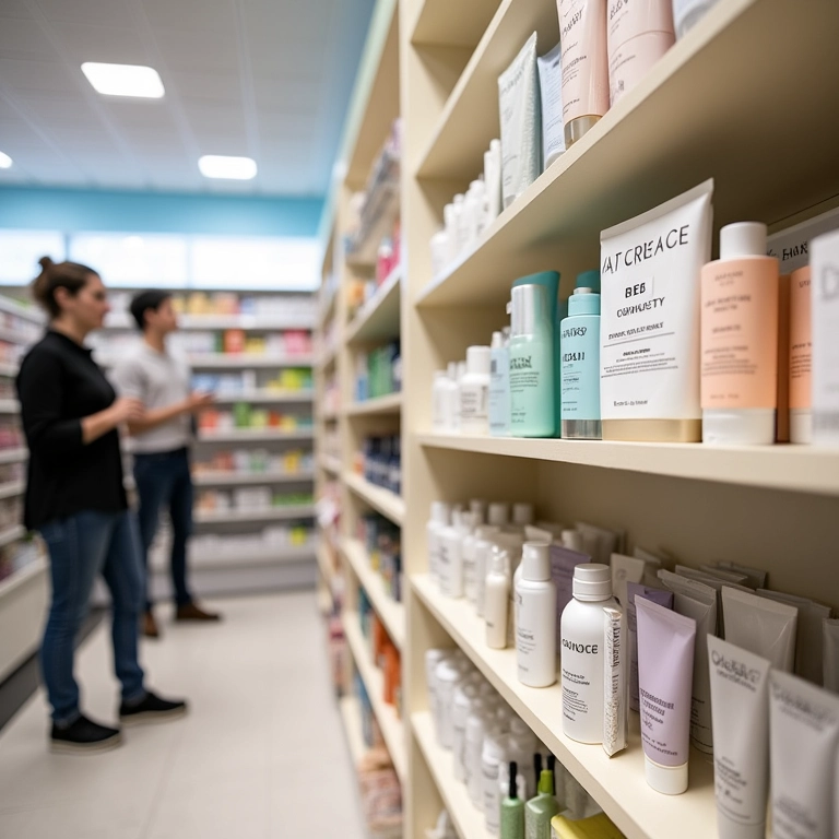 Prateleiras de farmácia com produtos de skincare baratos.