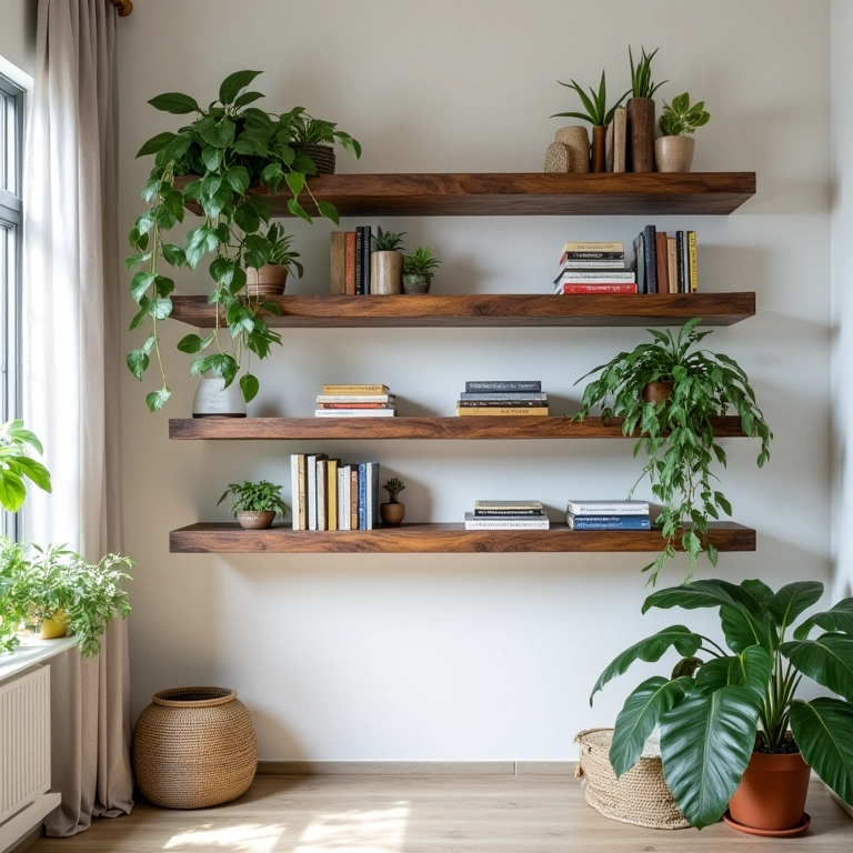 Prateleiras de parede rústicas feitas com madeira de demolição em apartamento brasileiro.