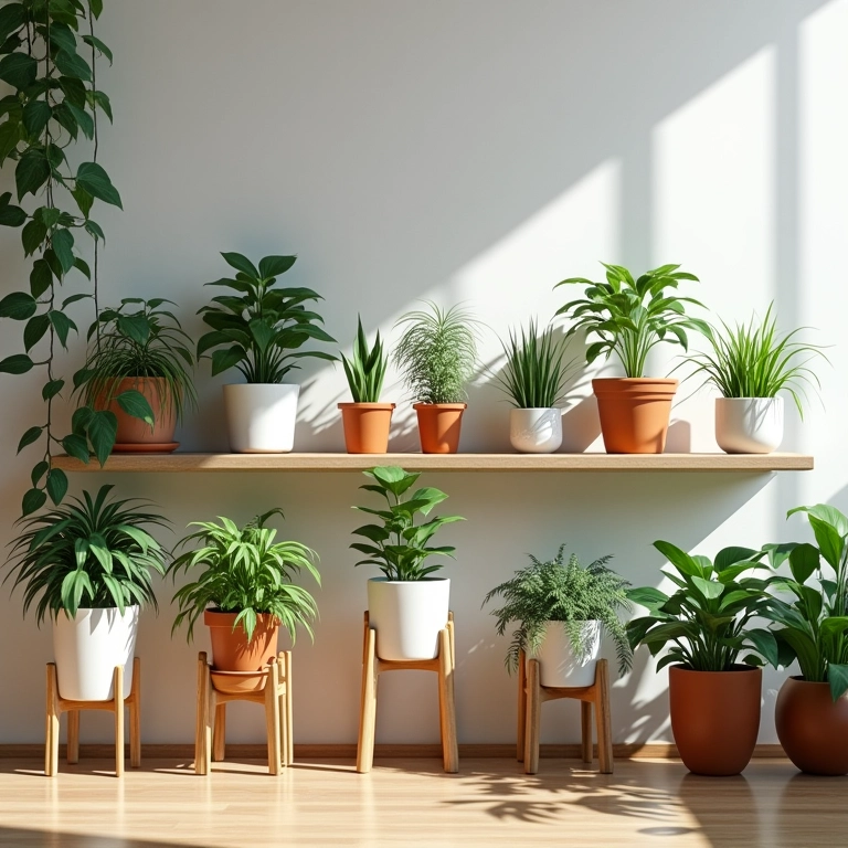 Prateleiras e estantes de madeira exibindo uma variedade de plantas em vasos em um apartamento moderno.