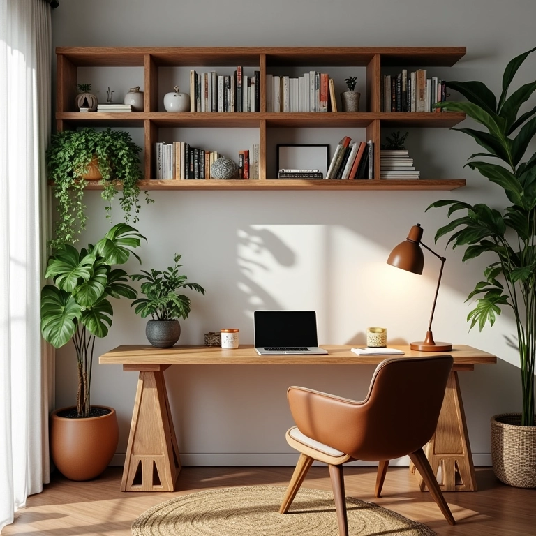 Prateleiras e nichos organizados em um home office iluminado.