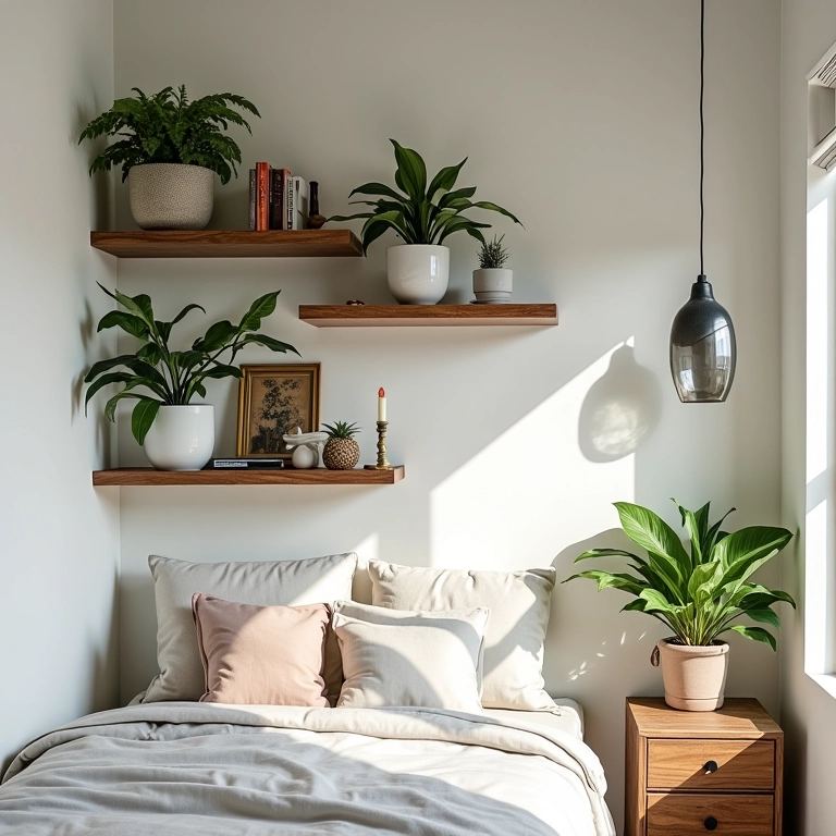 Prateleiras e nichos otimizando espaço vertical em quarto pequeno.