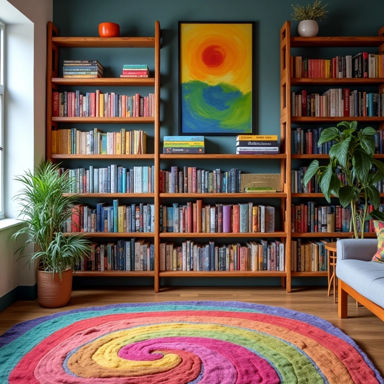 Prateleiras escada com livros organizados por cor, criando efeito de arco-íris.