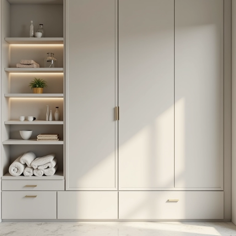 Prateleiras fechadas em armário de banheiro moderno com design minimalista.