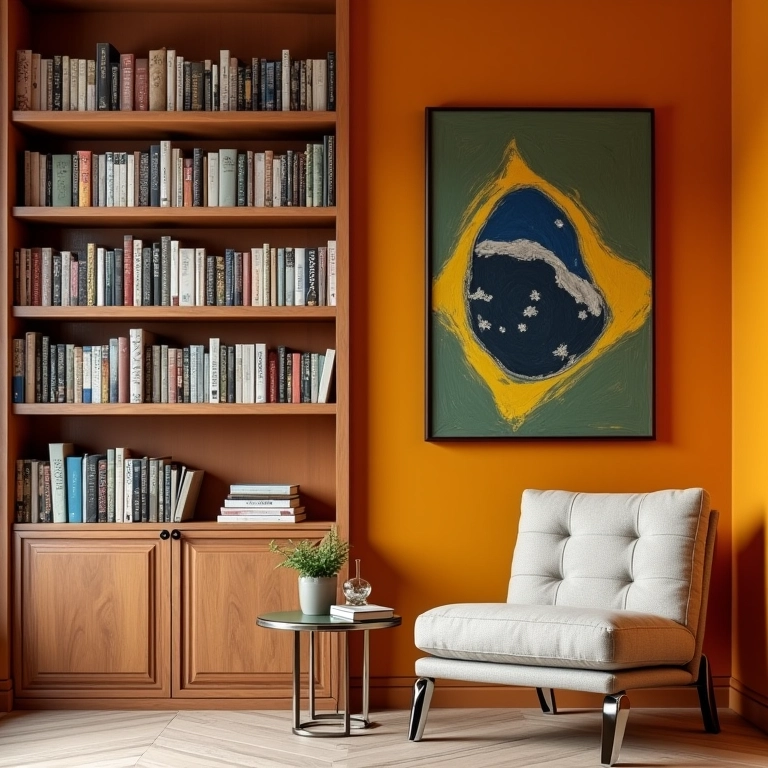 Prateleiras fixas clássicas contra parede colorida, com livros organizados e poltrona confortável.