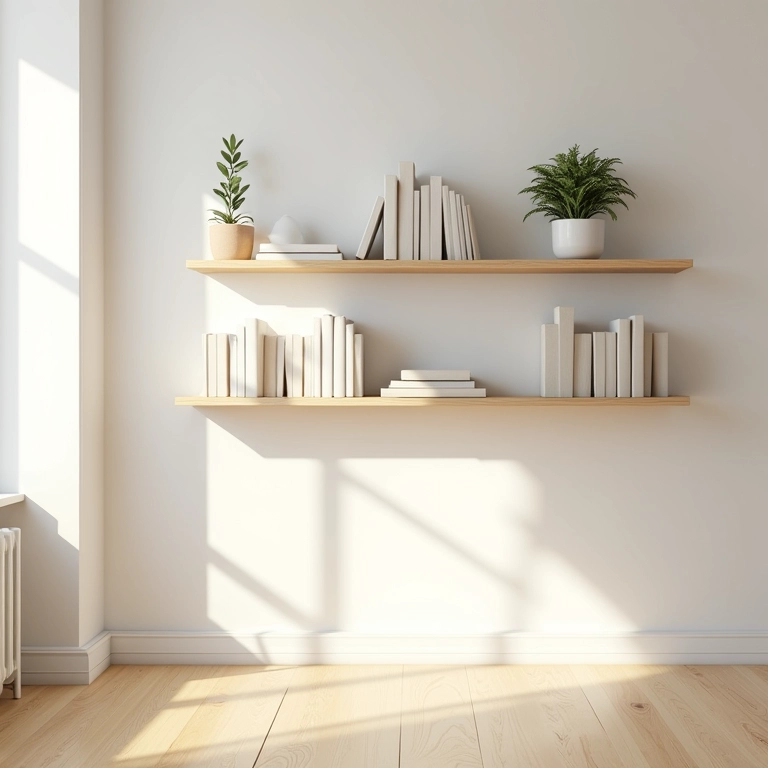 Prateleiras flutuantes em apartamento moderno com livros minimalistas e plantas.