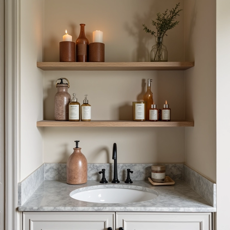Prateleiras nicho embutidas na parede de um banheiro com velas e produtos de beleza.