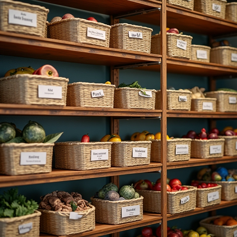 Prateleiras organizadas com cestas e organizadores coloridos.