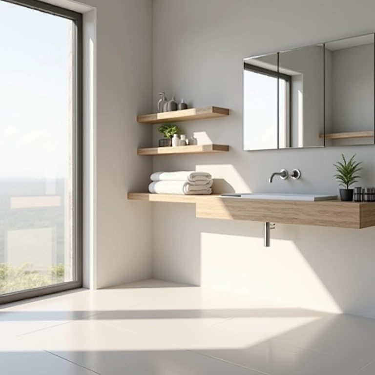 Prateleiras suspensas em banheiro moderno com design minimalista e acessórios elegantes.