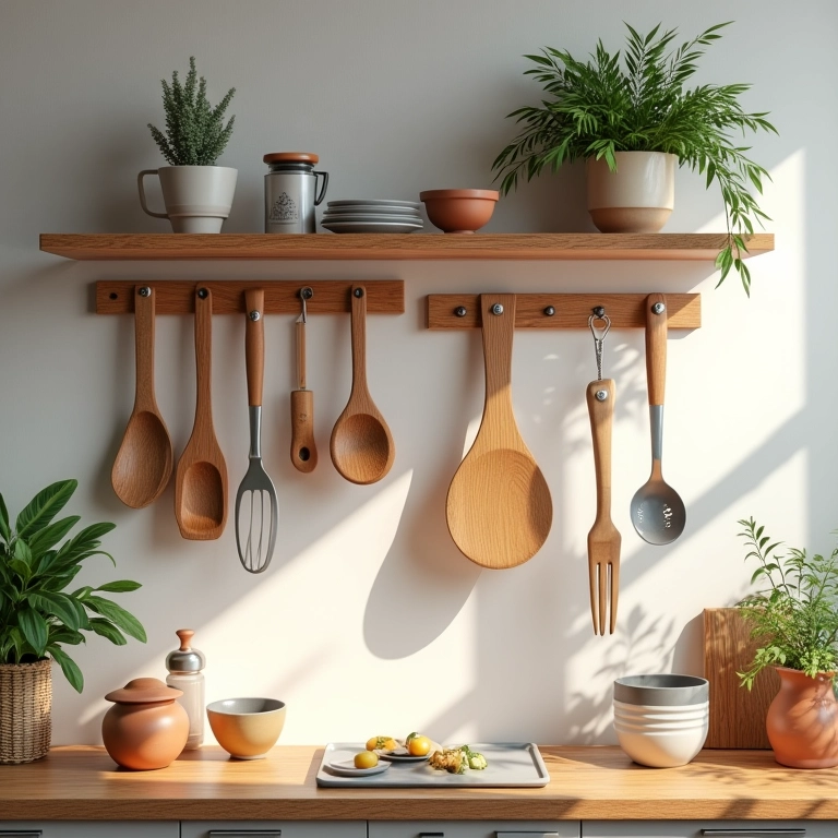 Prateleiras suspensas em MDF organizando utensílios na cozinha.