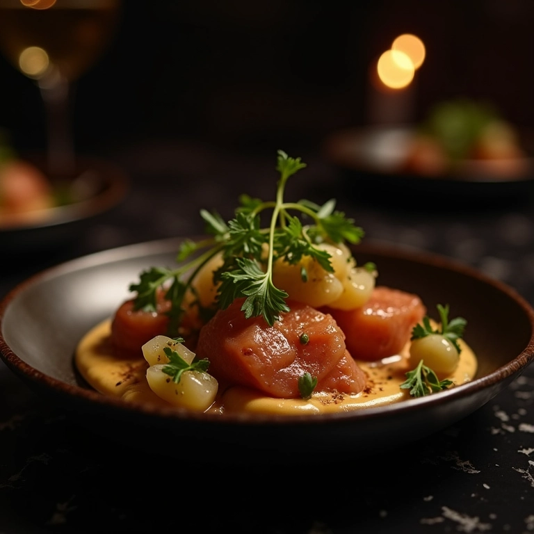 Prato artístico no restaurante D.O.M. em São Paulo.