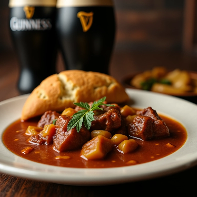 Prato com Irish stew, copo de Guinness e pão de soda, mostrando a culinária irlandesa.