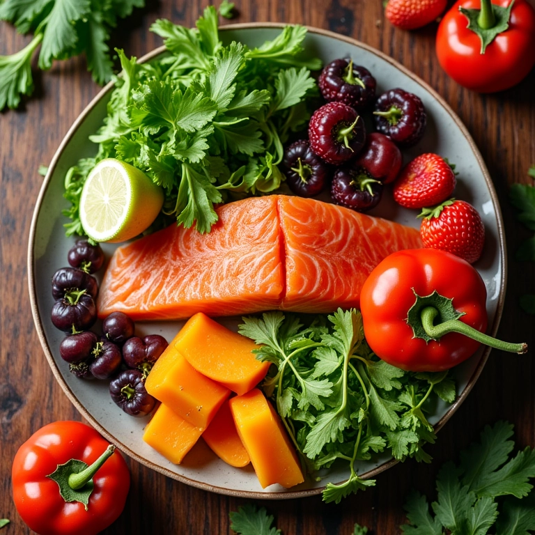 Prato equilibrado com salmão, frutas e vegetais frescos.