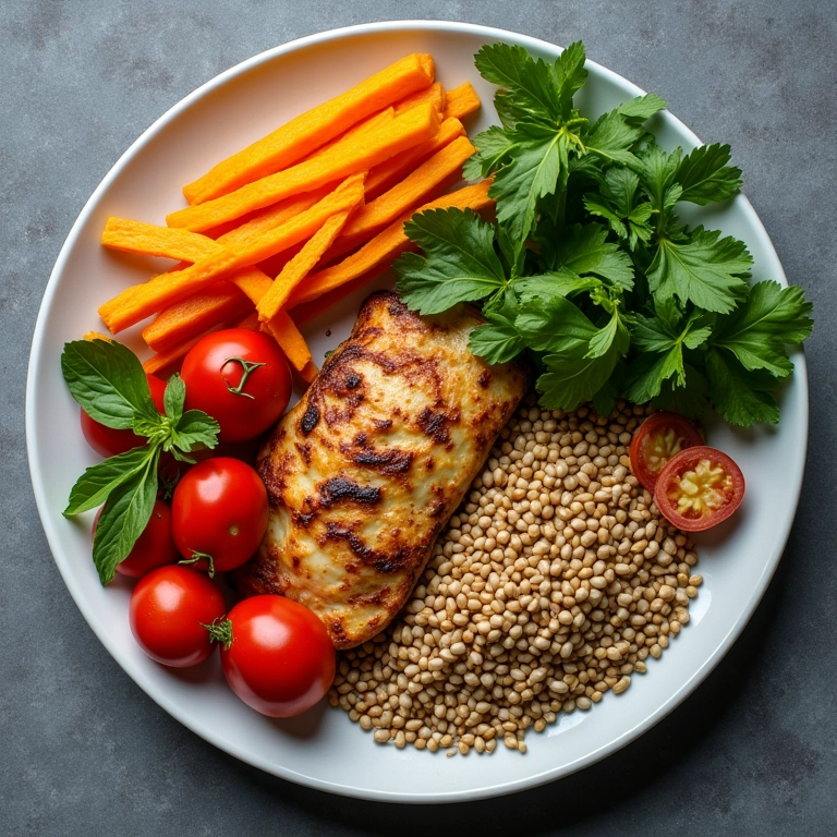 Prato perfeitamente equilibrado com vegetais coloridos, proteína magra e grãos integrais.