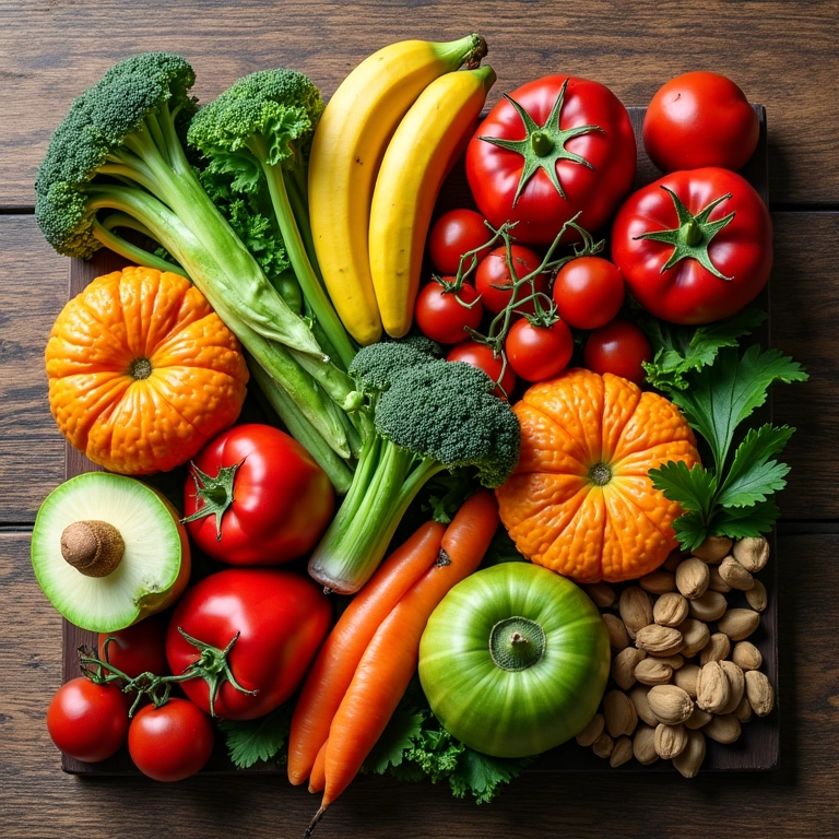 Prato saudável com frutas e vegetais coloridos.