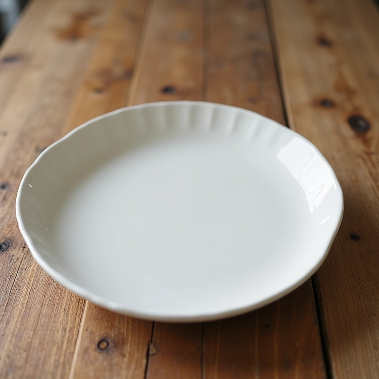 Pratos brancos simples em uma mesa de madeira rústica com decoração minimalista.