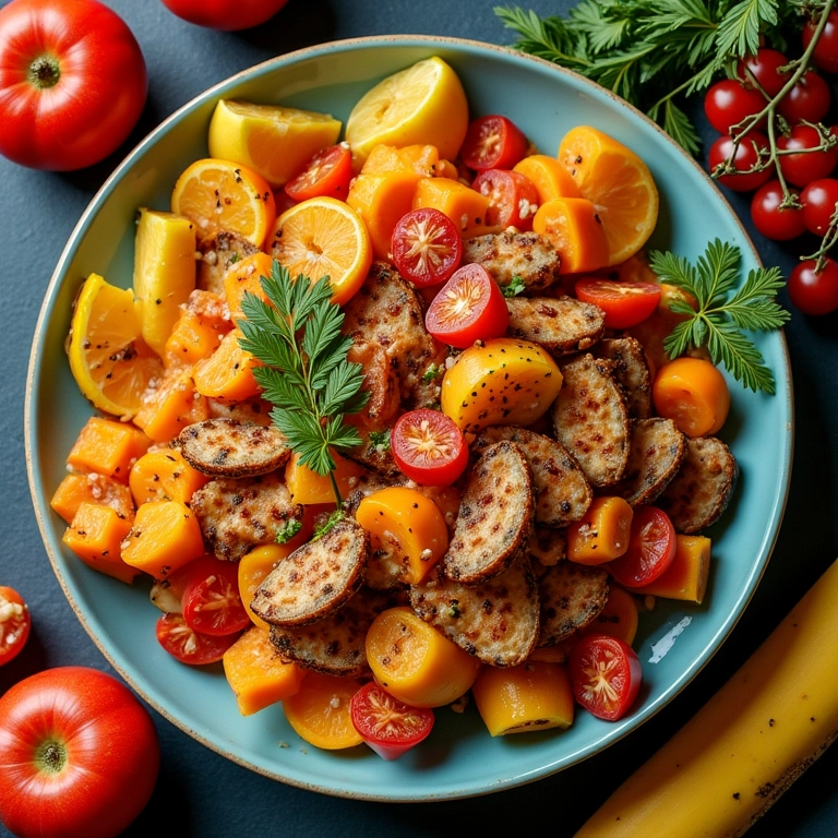 Pratos coloridos da gastronomia pernambucana com frutos do mar e frutas tropicais.