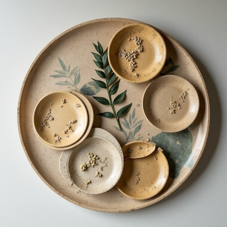 Pratos decorativos ecológicos feitos de materiais reciclados.