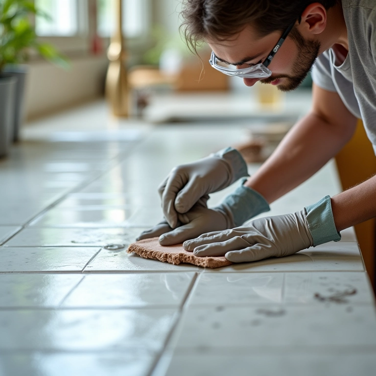 Preparando azulejos para pintura: limpeza e lixamento da superfície.