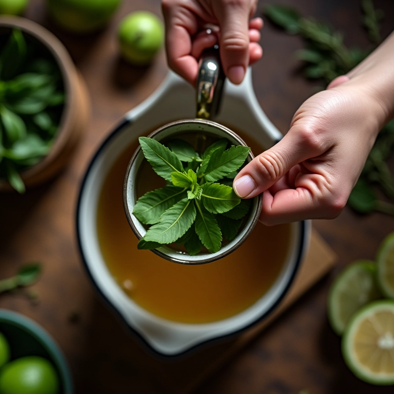 Preparando chá de folha de goiabeira em cozinha estilo Farm Rio.
