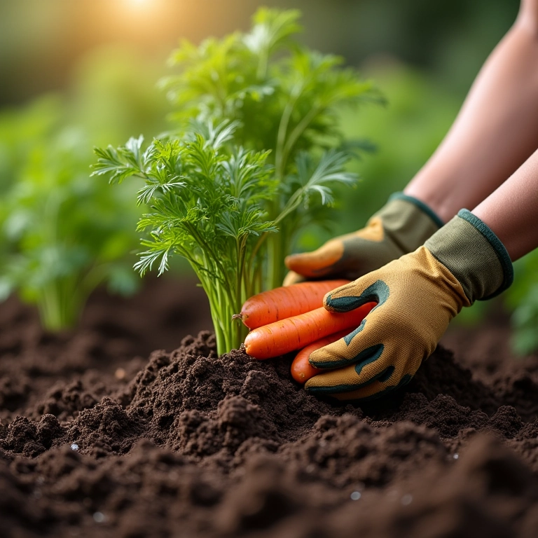 Preparando o solo com composto e fertilizante para o plantio de cenouras.
