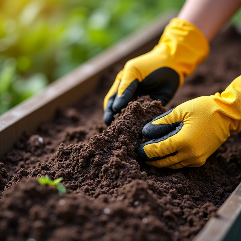 Preparando o solo para o plantio de ervas, adicionando composto orgânico.