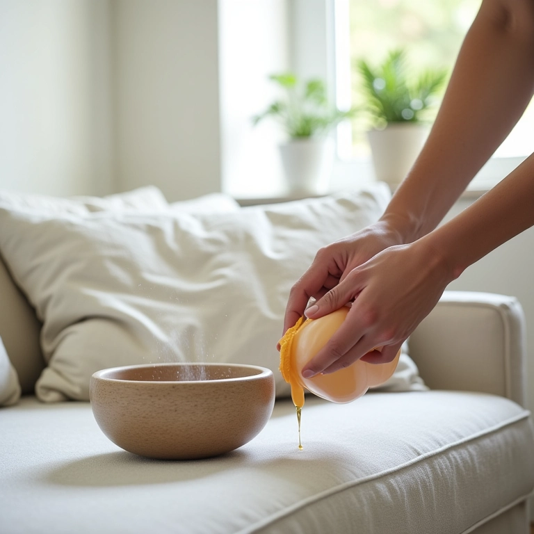 Preparando solução de limpeza de sofá caseira, demonstrando praticidade.