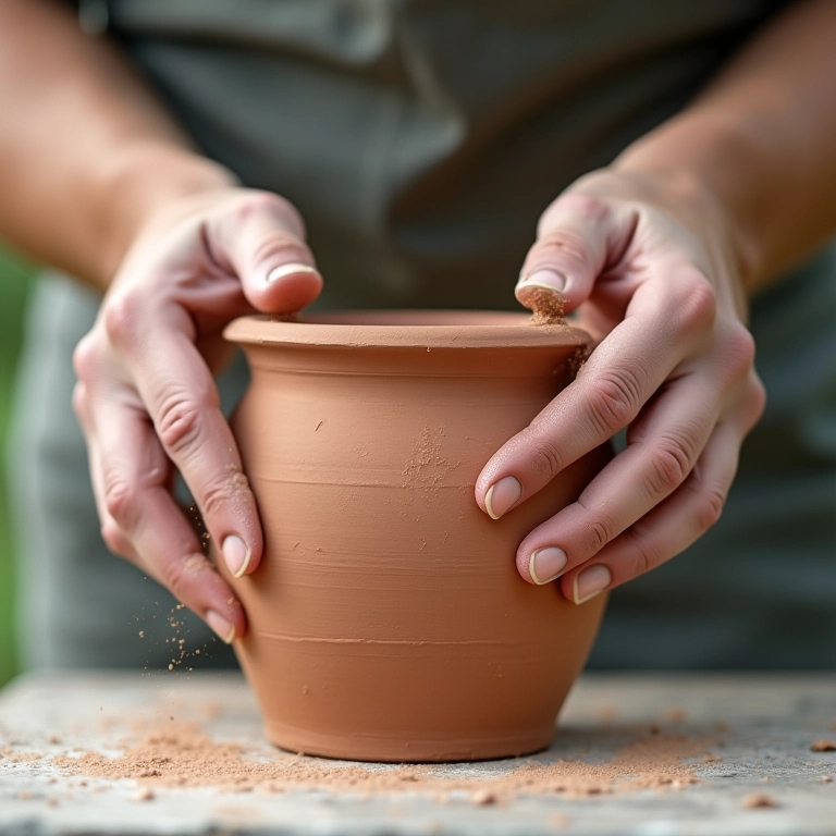 Preparando um vaso de barro para pintura com lixa.