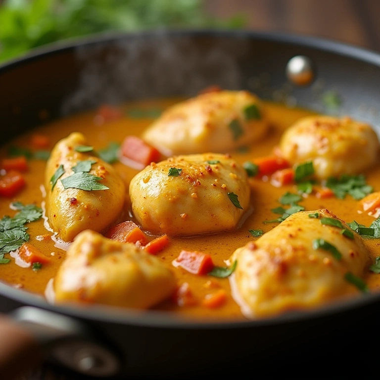 Preparing creamy light chicken curry, close-up shot of pan with chicken and vegetables simmering, Frango ao curry light cremoso e saboroso sendo preparado.